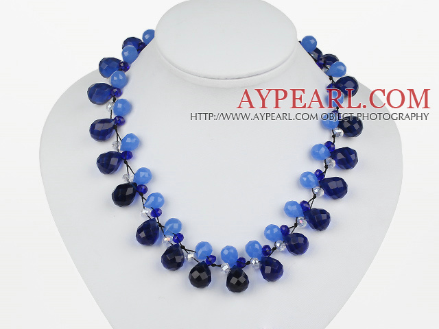 New Design Blue Color Drop Shape Crystal Necklace with Extandable Chain