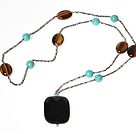 Wholesale Fashion Style Turquoise and Tiger Eye Necklace with Black Crystal Pendant