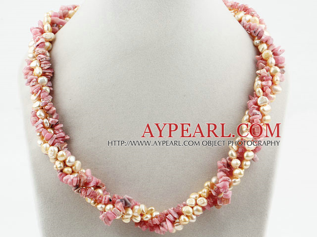 Pink Series Freshwater Pearl and Rhodonite Twisted Necklace