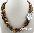 Three Strands Fillet Tiger Eye Chips Necklace with Shell Flower Clasp