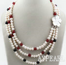 Three Strands White Freshwater Pearl and Black Agate and Carnelian Necklace with White Shell Flower Clasp