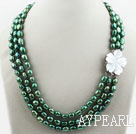 Three Strands Peacock Green Color Baroque Pearl Necklace with White Shell Flower Clasp