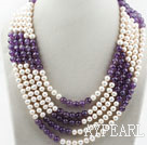Five Strands 7-8mm Round White Freshwater Pearl and Amethyst Necklace