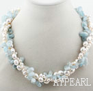 Wholesale Multi Strands White Freshwater Pearl and Aquamarine Chips Twisted Necklace