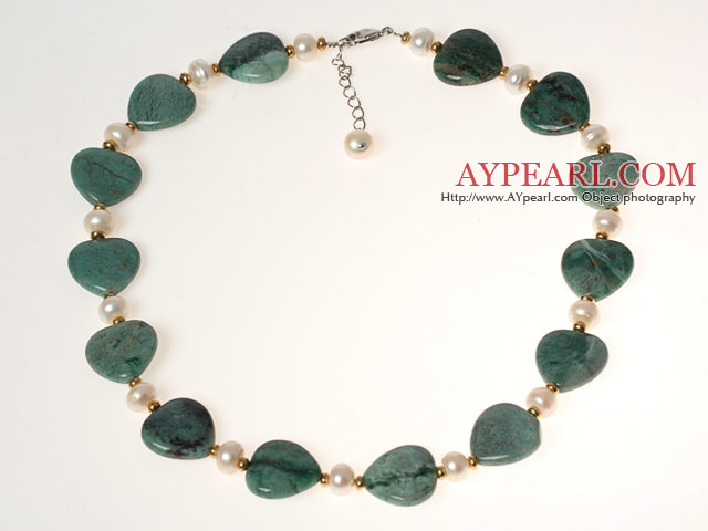 White Pearl and Heart Shape Dragon Blood Stone Necklace