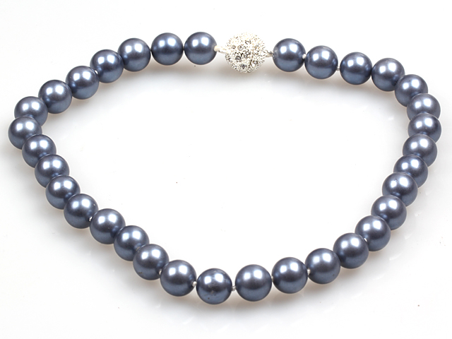 Fashion Single Strand 12Mm Dark Grey Round Seashell Beads Necklace With Rhinestone Magnetic Clasp