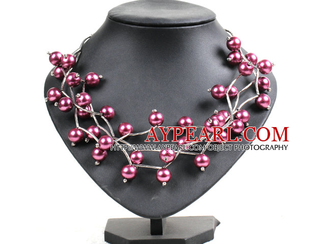 Trendy Style Multi Strand Purple Red Seashell Beads Twisted Necklace With Bending Alloyed Tube