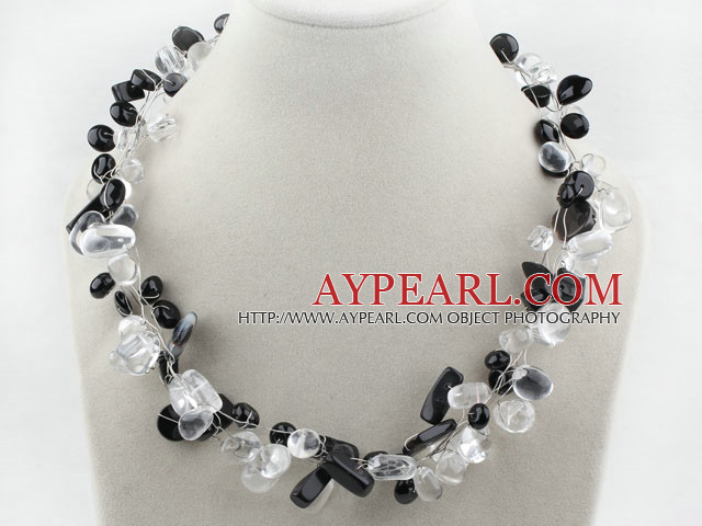 Nice Multi Strand Clear Crystal And Black Agate Threaded Necklace