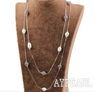 Long Style Gray Agate and White Freshwater Pearl Necklace with Metal Chain