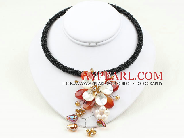 White Pearl and Agate Shell Flower Choker Necklace