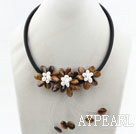 White Freshwater Pearl and Tiger Eye Flower Necklace with Black Cord