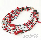 Wholesale multi strand red coral and black lip shell necklace with slide clasp