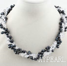 Multi Strands Black Freshwater Pearl and Clear Crystal Necklace