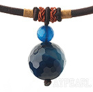 Simple Design Faceted Blue Agate Pendant Necklace with Dark Red Thread