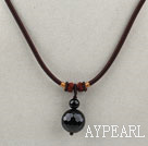 Wholesale Simple Design Faceted Black Agate Pendant Necklace with Dark Red Thread