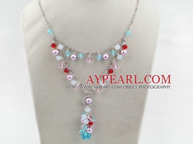 New Design Assorted Multi Color Crystal Necklace with Metal Chain