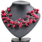 Trendy Style Multi Strand Bright Red Seashell Beads Twisted Necklace With Bending Alloyed Tube