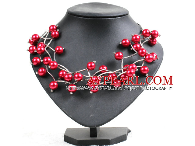 Trendy Style Multi Strand Bright Red Seashell Beads Twisted Necklace With Bending Alloyed Tube