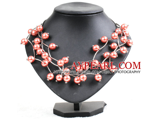 Trendy Style Multi Strand Orangepink Seashell Beads Twisted Necklace With Bending Alloyed Tube