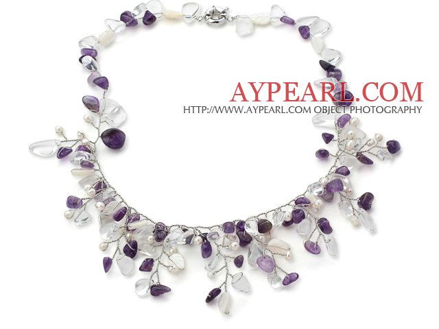 2013 Summer New Design White Freshwater Pearl and Clear Crystal and Amethyst Tree Shape Necklace