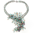 2013 Summer New Design Green Crystal and Pink Freshwater Pearl Flower Necklace