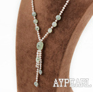 white pearl and green rutilated quartz Y shaped necklace