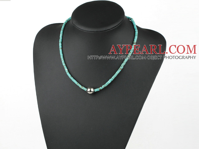 Fashion Flat Round Blue Turquoise And Metal Bead Strand Necklace