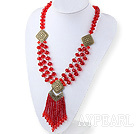 Fashion Style Red Crystal Tassel Necklace with Bronze Accessories