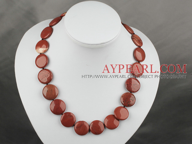 Elegant Chunky Style 20Mm Red Flat Round Marble Stone Beaded Necklace With Moonight Clasp