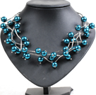 Trendy Style Multi Strand Peacock Blue Seashell Beads Twisted Necklace With Bending Alloyed Tube