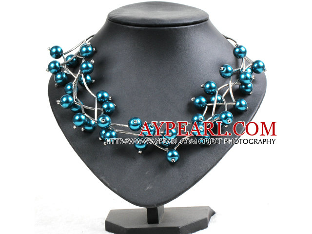 Trendy Style Multi Strand Peacock Blue Seashell Beads Twisted Necklace With Bending Alloyed Tube