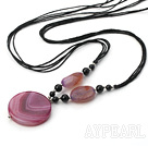 Elegant Black And Purple Agate Pendant Necklace With Black Cords