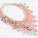 Elegant Style Pink Series Freshwater Pearl and Rose Quartz Party Flower Bib Necklace