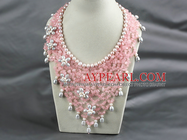Elegant Style Pink Series Freshwater Pearl and Rose Quartz Party Flower Bib Necklace