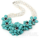 Wholesale Big Style White Freshwater Pearl and Big Turquoise Flower Party Necklace
