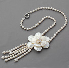 2013 Summer New Design White Freshwater Pearl and Shell Flower Tassel Necklace