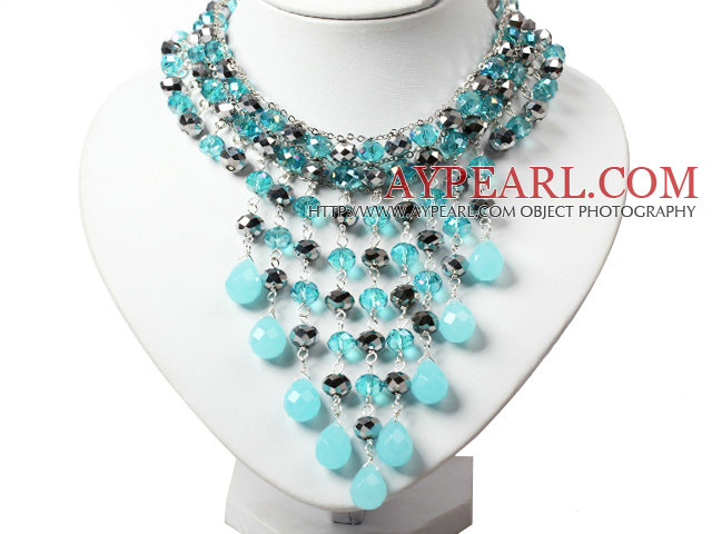 Amazing Blue and Gray Teardrop Crystal Tassel Party Necklace