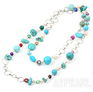 pearl and turquoise and metal rings long style necklace 