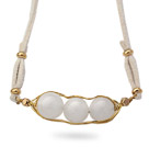 White Series Wire Wrapped White Jade Pea Pendant Necklace with White Leather