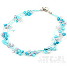 multi strand white pearl crystal and turquoise necklace with toggle clasp