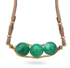 Green Series Wire Wrapped Malaysia Jade Pea Pendant Necklace with Brown Leather