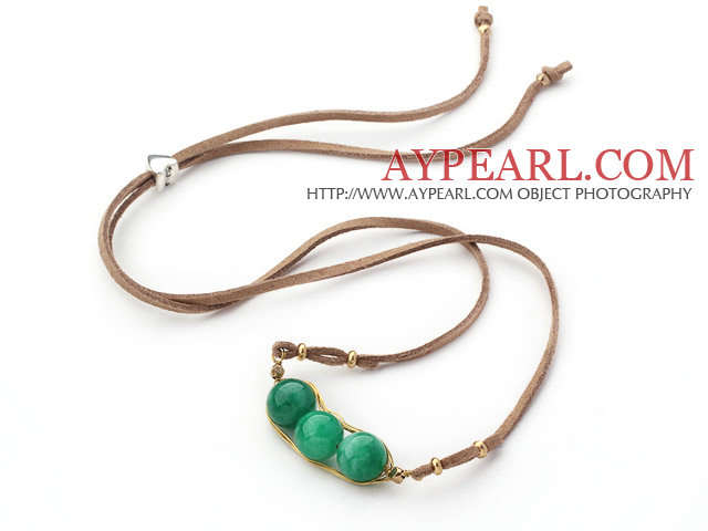 Green Series Wire Wrapped Malaysia Jade Pea Pendant Necklace with Brown Leather