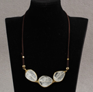 White Series Wire Wrapped Grinding Clear Crystal Pendant Necklace with Brown Leather