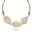 Light Green Series Wire Wrapped Grinding Lemon Crystal Pendant Necklace with Brown Leather