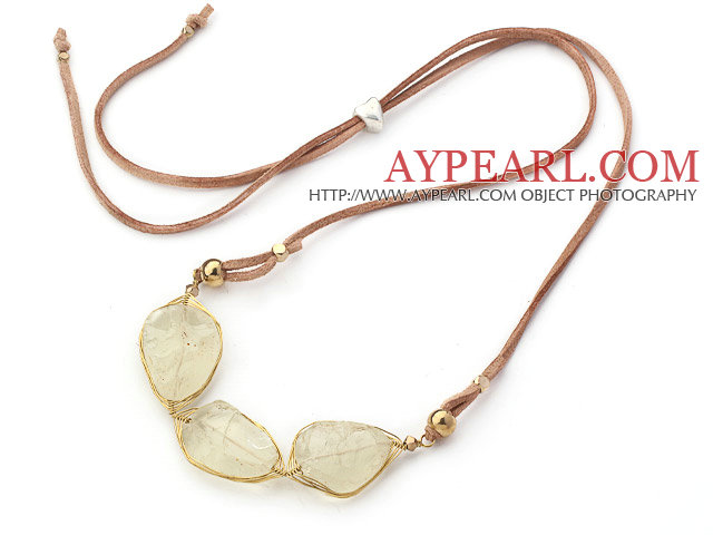Light Green Series Wire Wrapped Grinding Lemon Crystal Pendant Necklace with Brown Leather