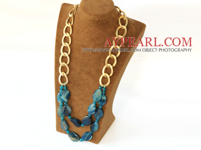 fashion blue agate necklace with golden color metal chain