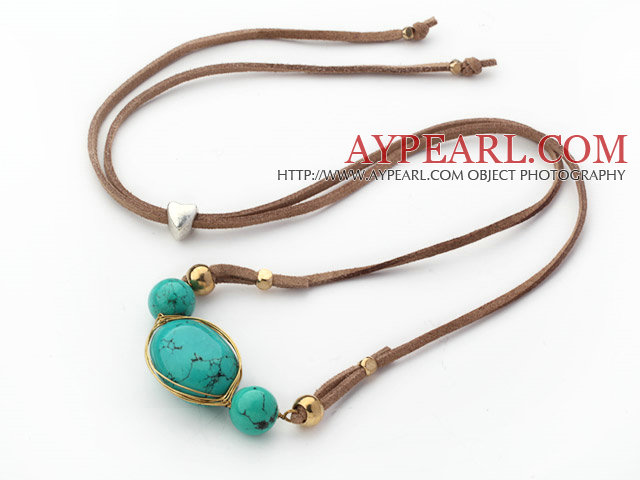 Green Series Wire Wrapped Natural Green Turquoise Pendant Necklace with Brown Leather