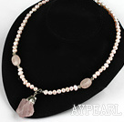 Pink Freshwater Pearl Necklace with Rose Quartz Pendant ( Irregular Shape )