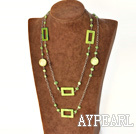 Long Chain Loop Style Green Pearl And Disc Hollow Rectangle Shell Strand Necklace