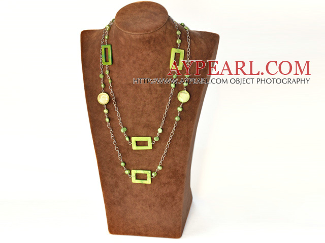 Long Chain Loop Style Green Pearl And Disc Hollow Rectangle Shell Strand Necklace